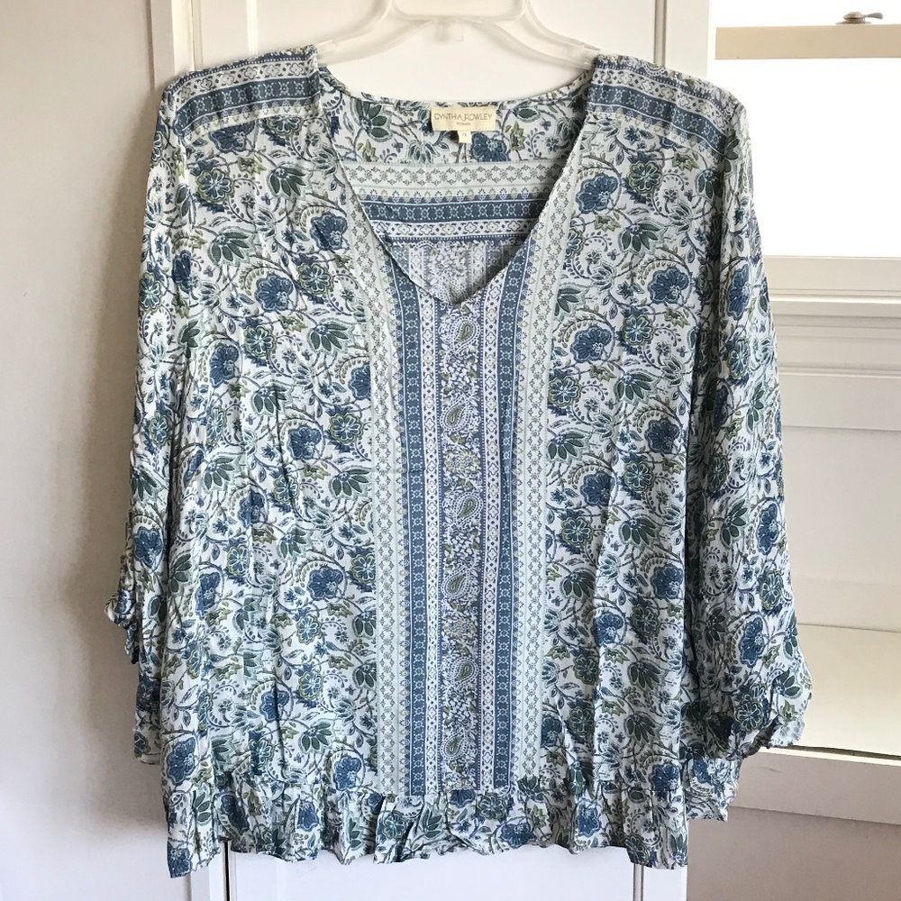 Cynthia Rowley Blue and Green Floral V-Neck Blouse